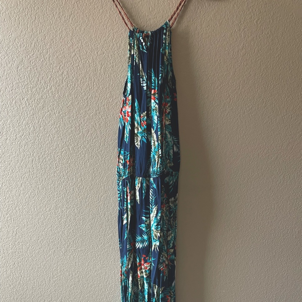 Tropical halter dress with leather-like straps. From beach of Roatan, Honduras!